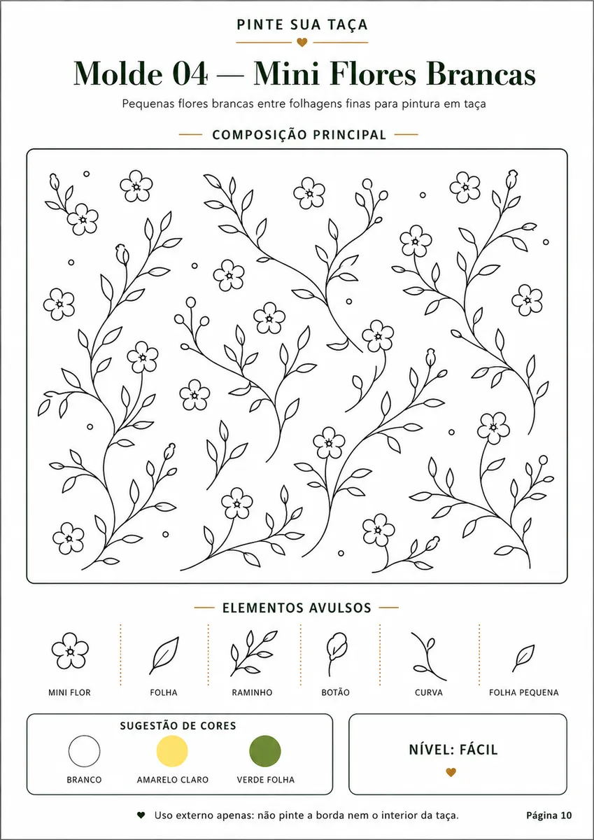Molde 04 — Mini Flores Brancas, página interna do Pinte Sua Taça